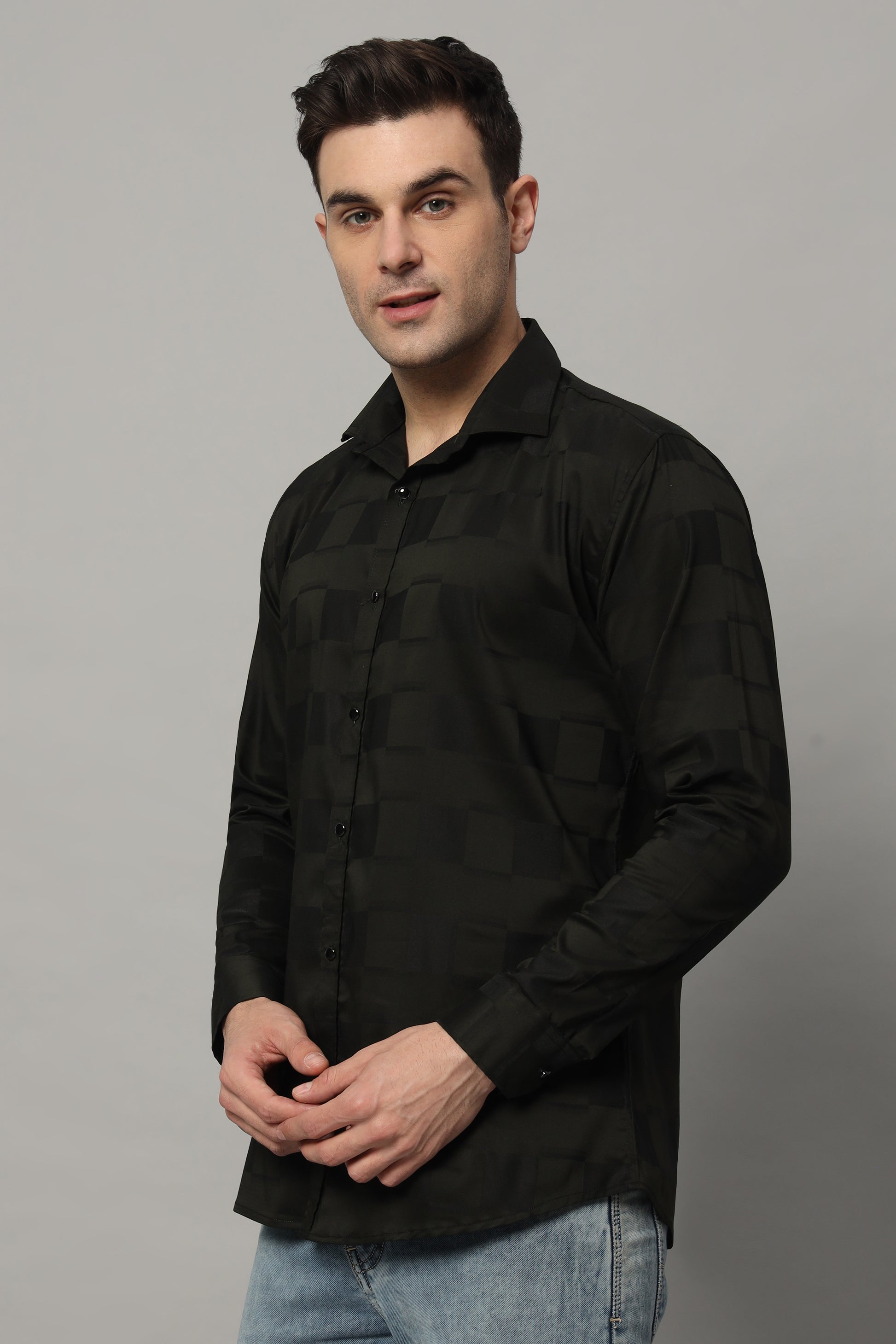 SATIN STRECH CHESS HOLAND OLIVE SHIRT