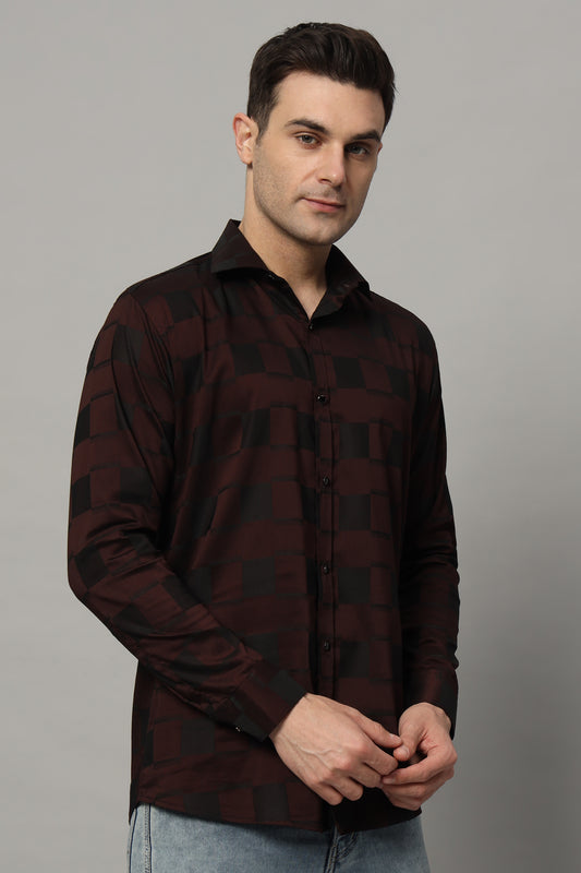 SATIN STRECH CHESS MAHROON SHIRT