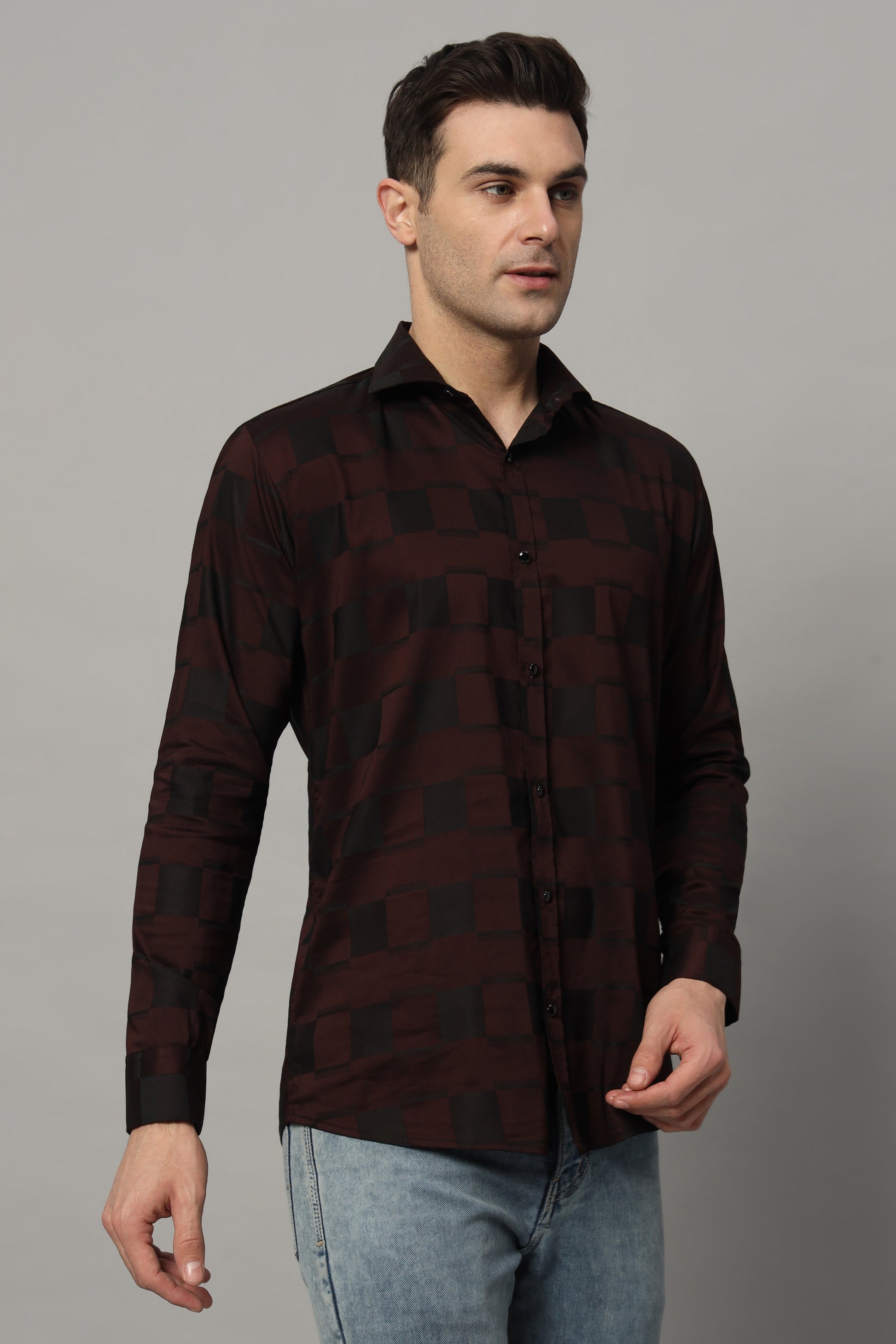 SATIN STRECH CHESS MAHROON SHIRT