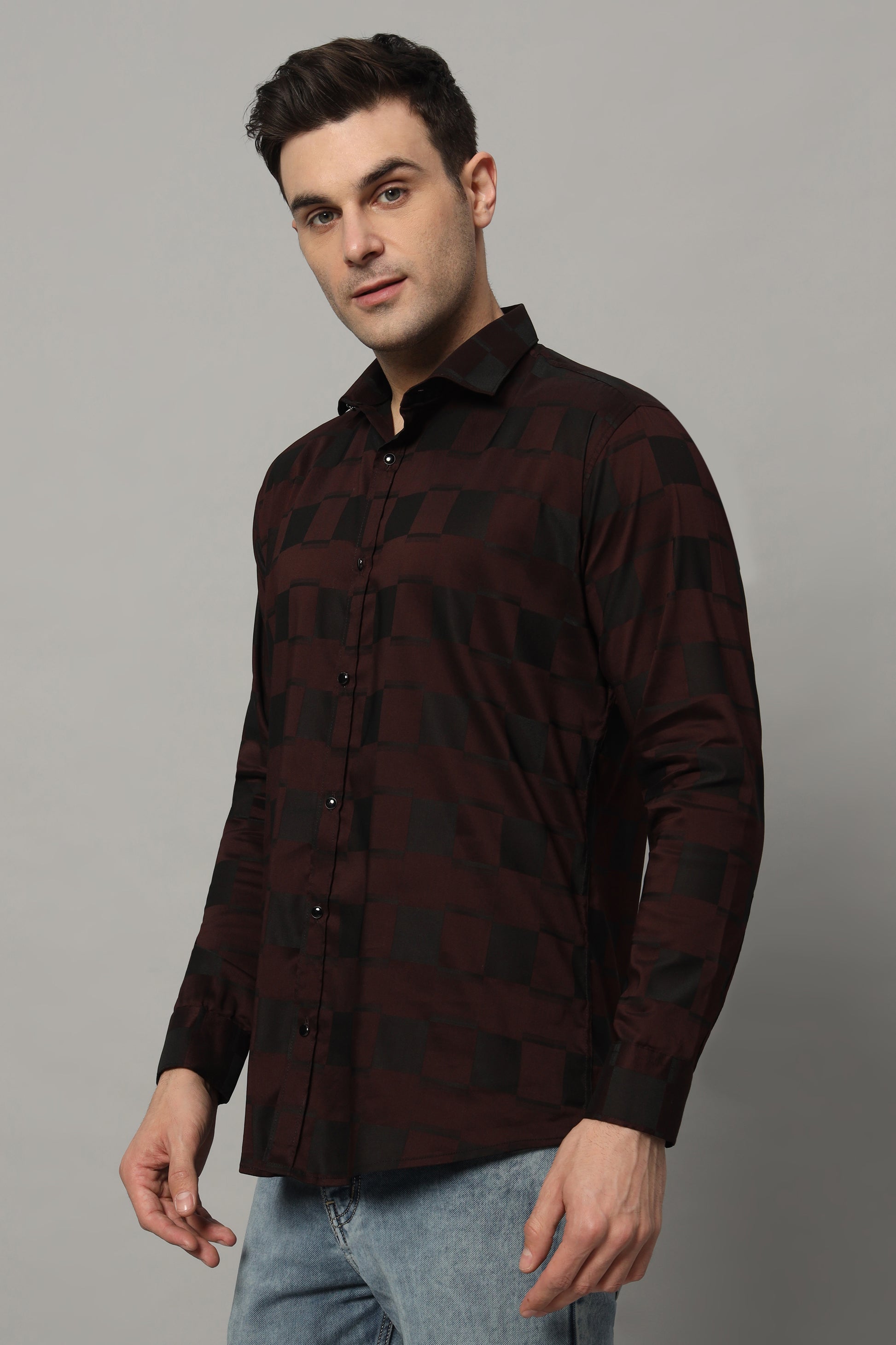 SATIN STRECH CHESS MAHROON SHIRT