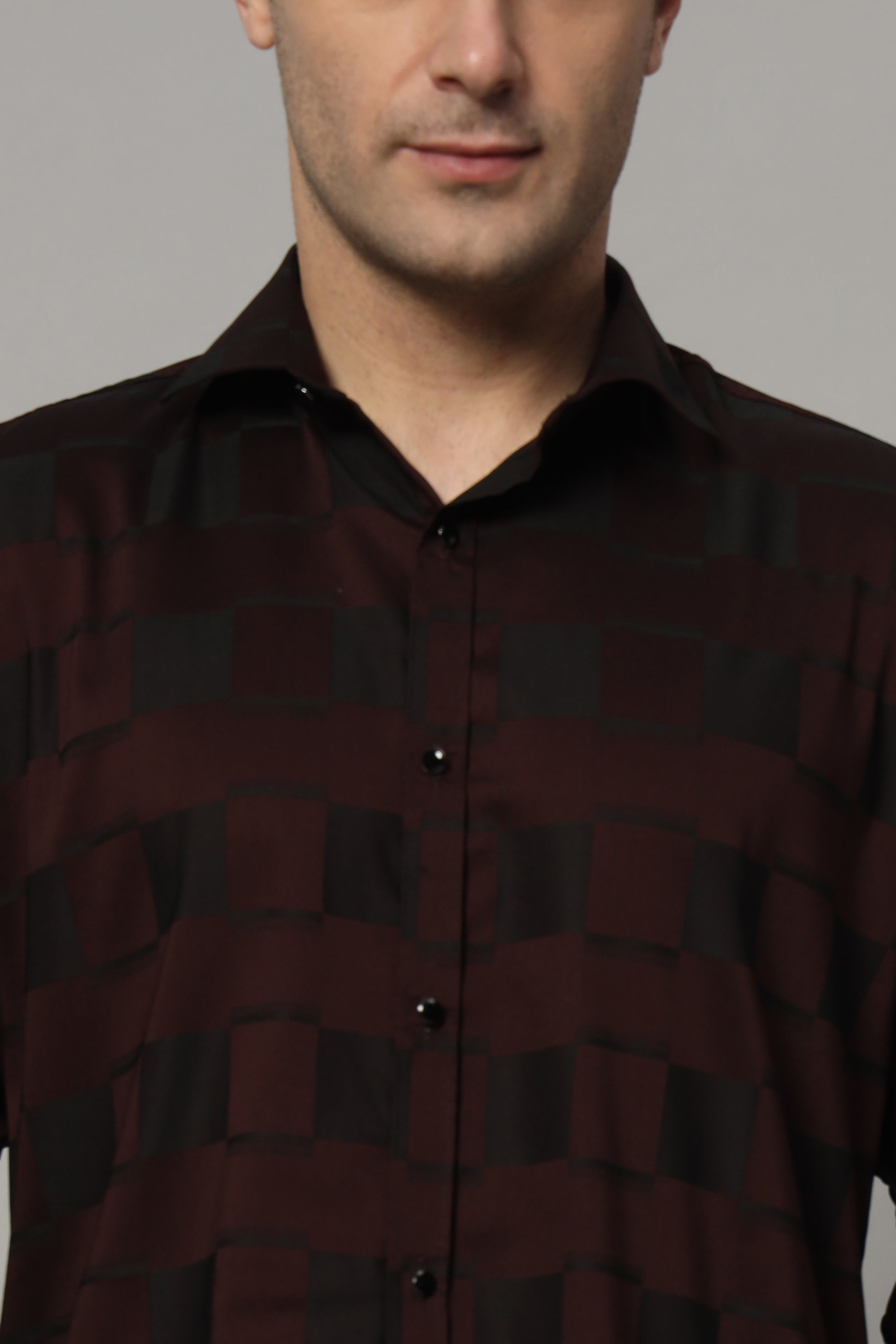 SATIN STRECH CHESS MAHROON SHIRT