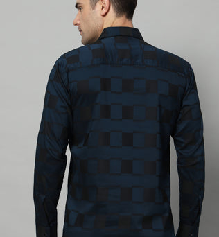 SATIN STRECH CHESS NAVY SHIRT