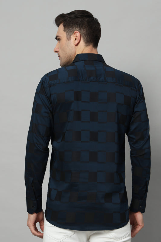 SATIN STRECH CHESS NAVY SHIRT