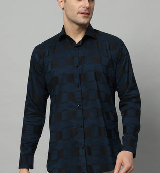 SATIN STRECH CHESS NAVY SHIRT