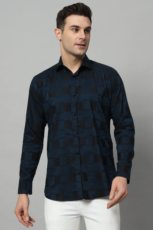 SATIN STRECH CHESS NAVY SHIRT