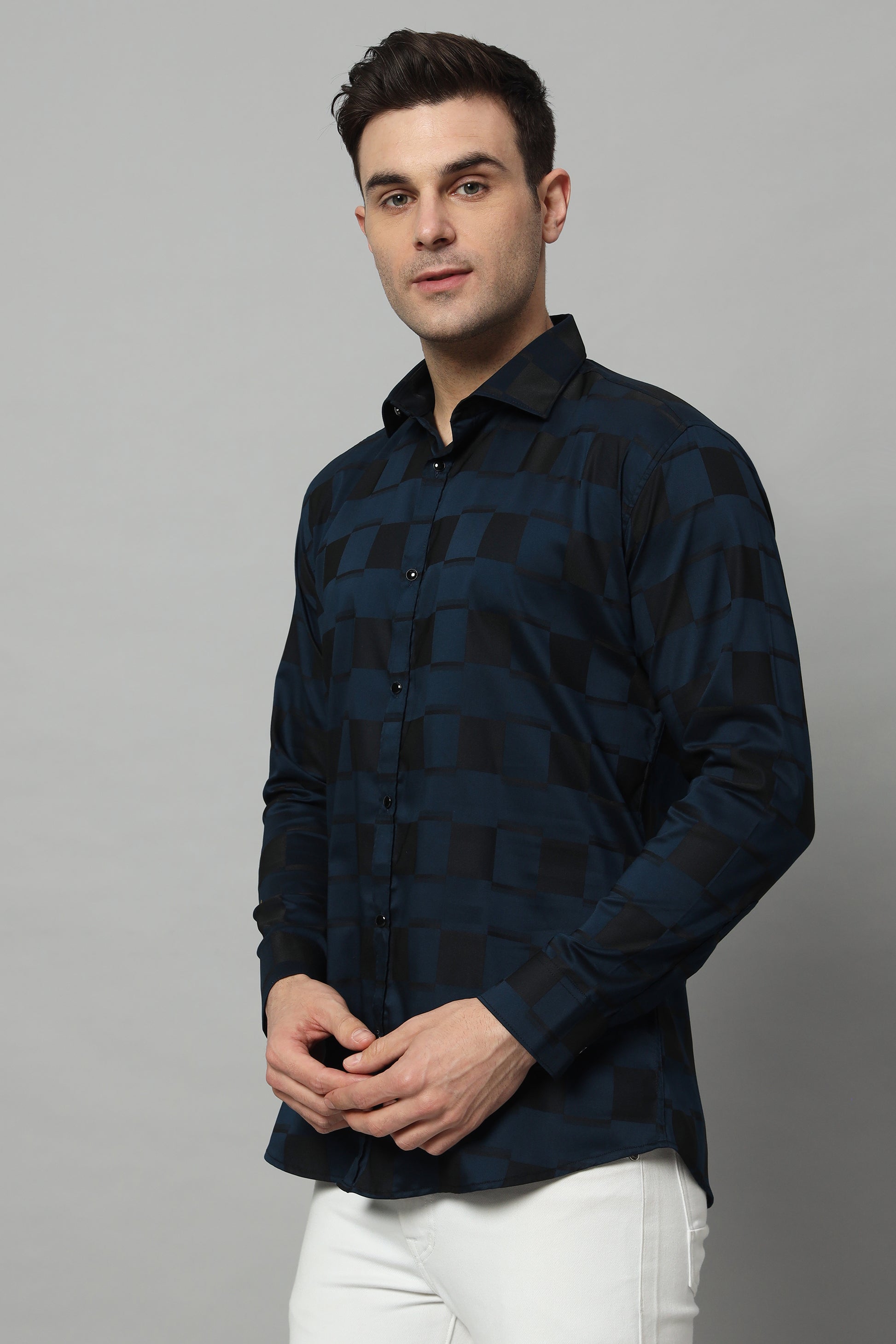 SATIN STRECH CHESS NAVY SHIRT