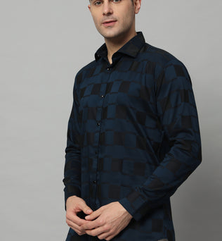 SATIN STRECH CHESS NAVY SHIRT