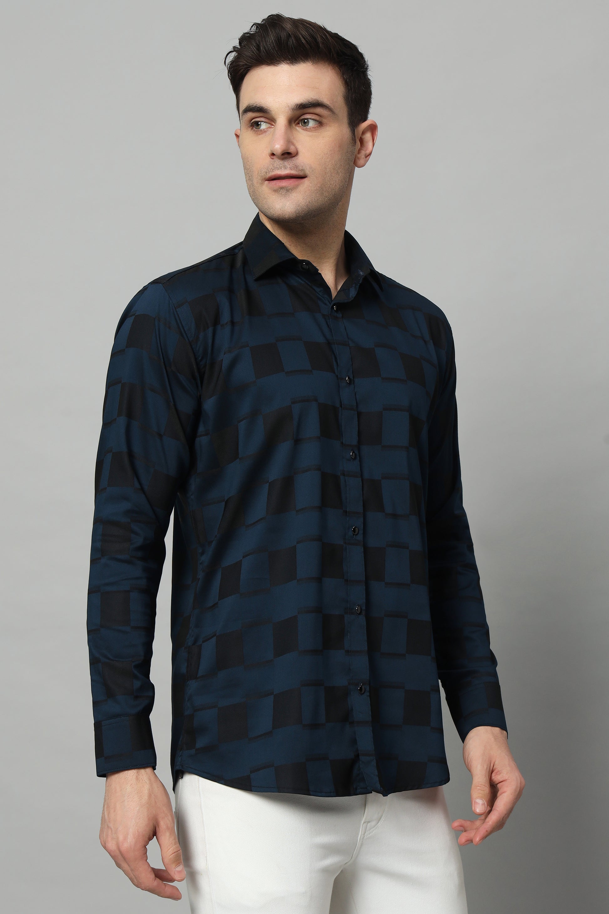 SATIN STRECH CHESS NAVY SHIRT