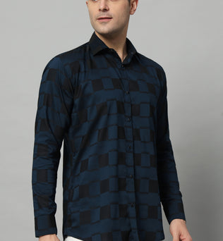 SATIN STRECH CHESS NAVY SHIRT