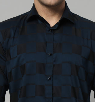 SATIN STRECH CHESS NAVY SHIRT