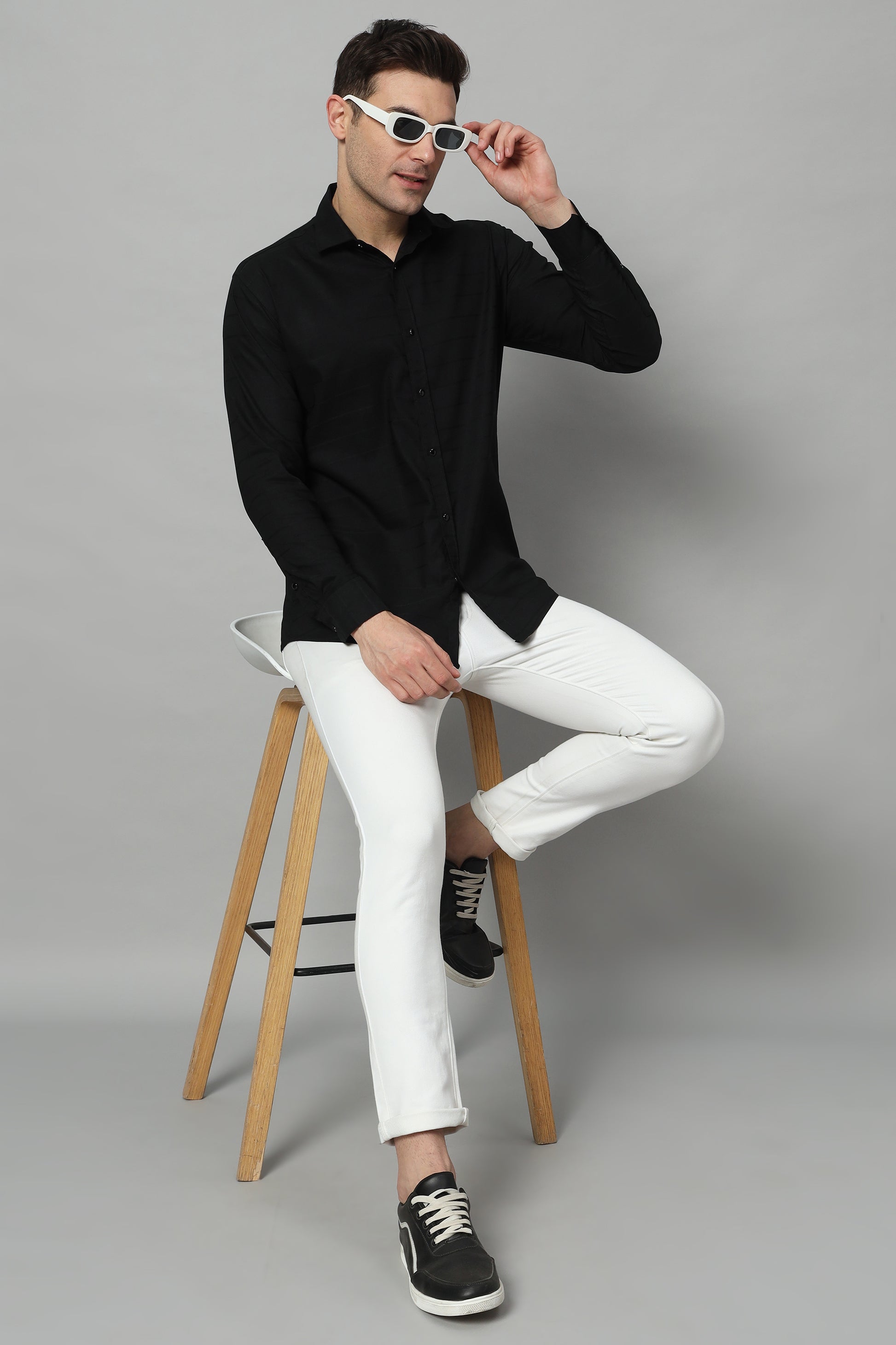 SATIN STRECH STRIPE BLACK SHIRT