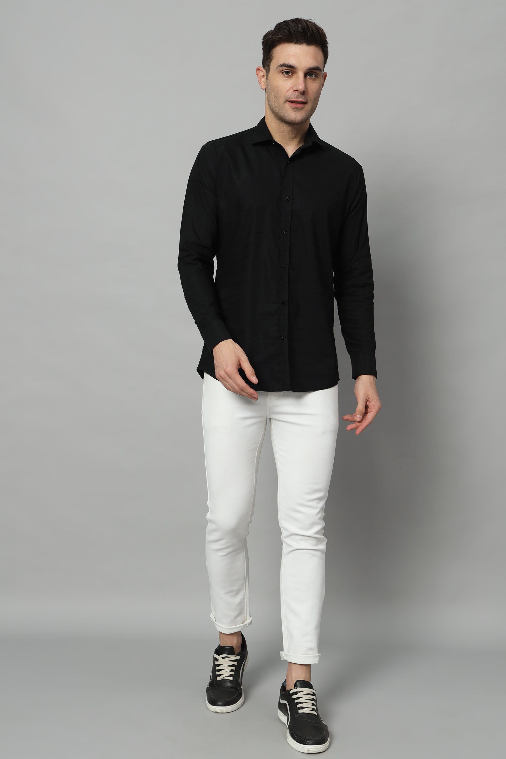 SATIN STRECH STRIPE BLACK SHIRT