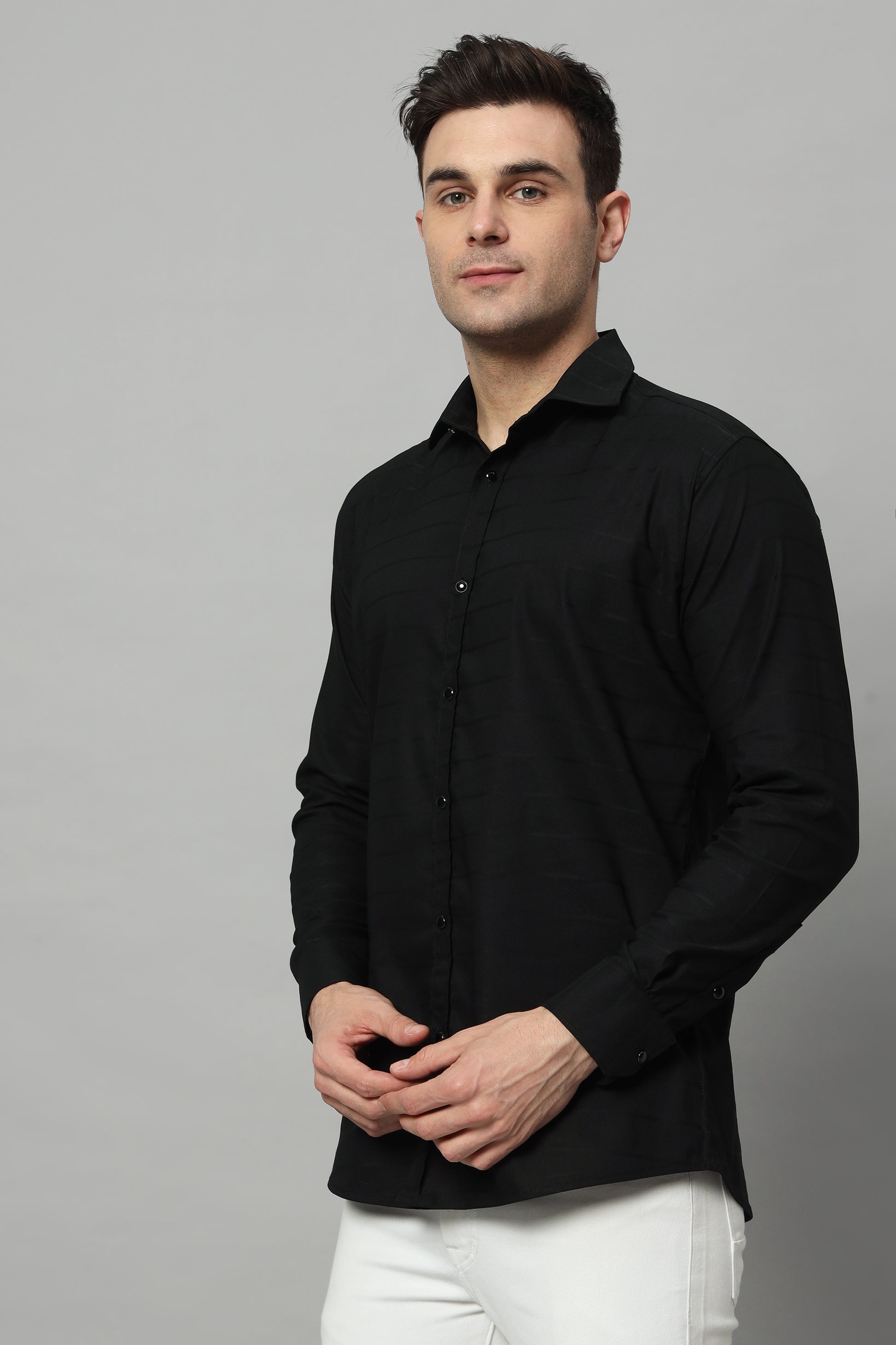 SATIN STRECH STRIPE BLACK SHIRT