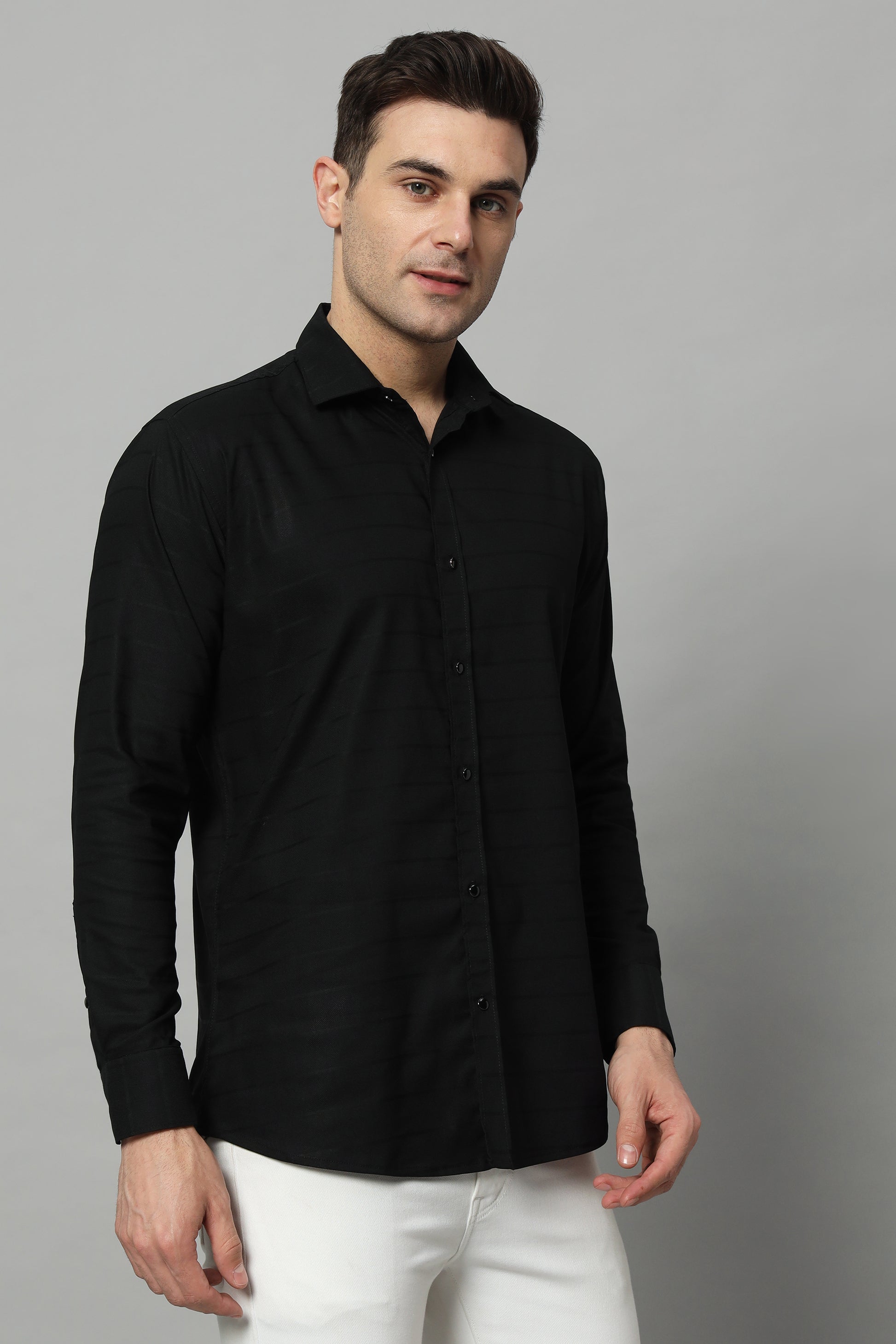 SATIN STRECH STRIPE BLACK SHIRT