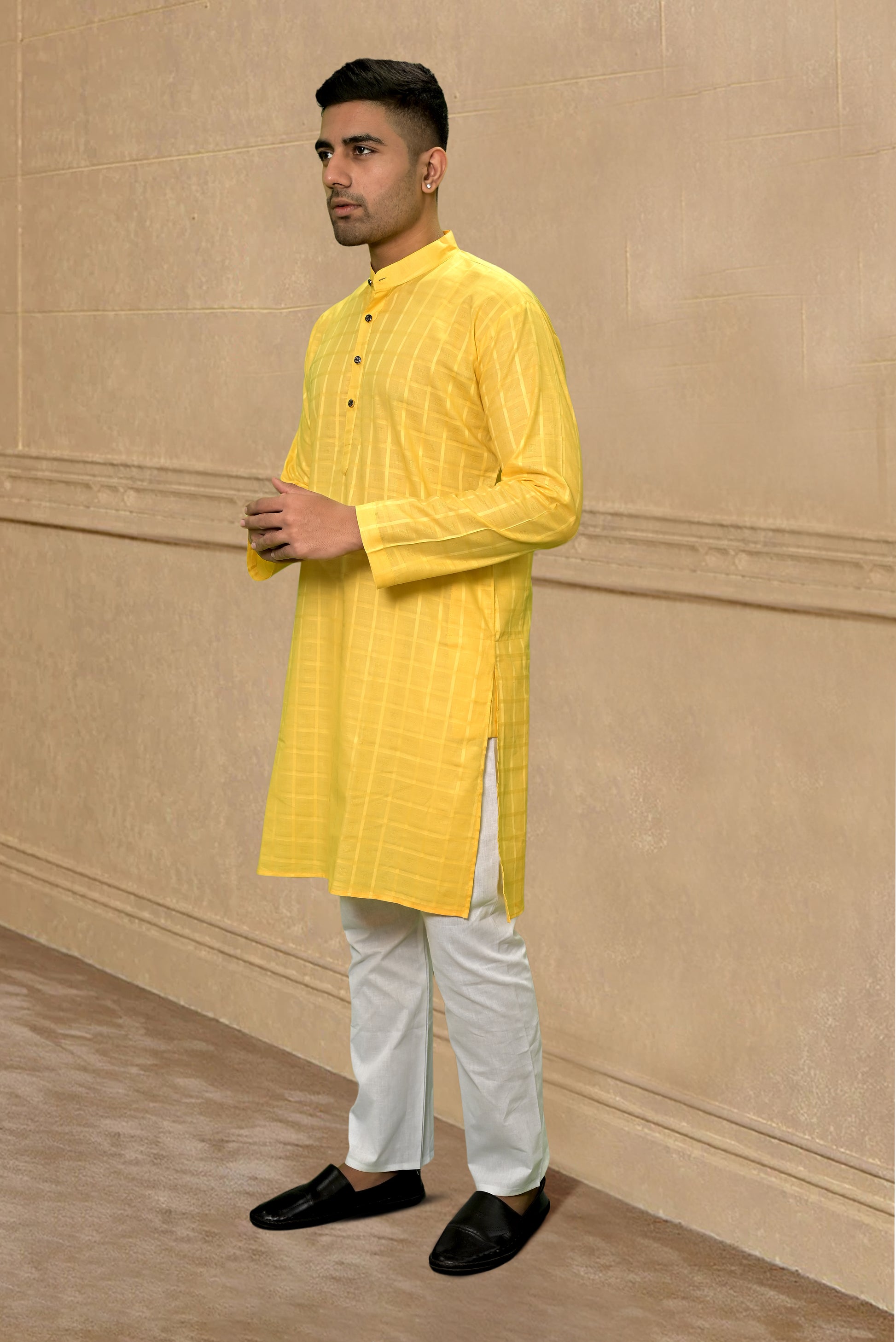 YELLOW SELF DESIGN KURTA