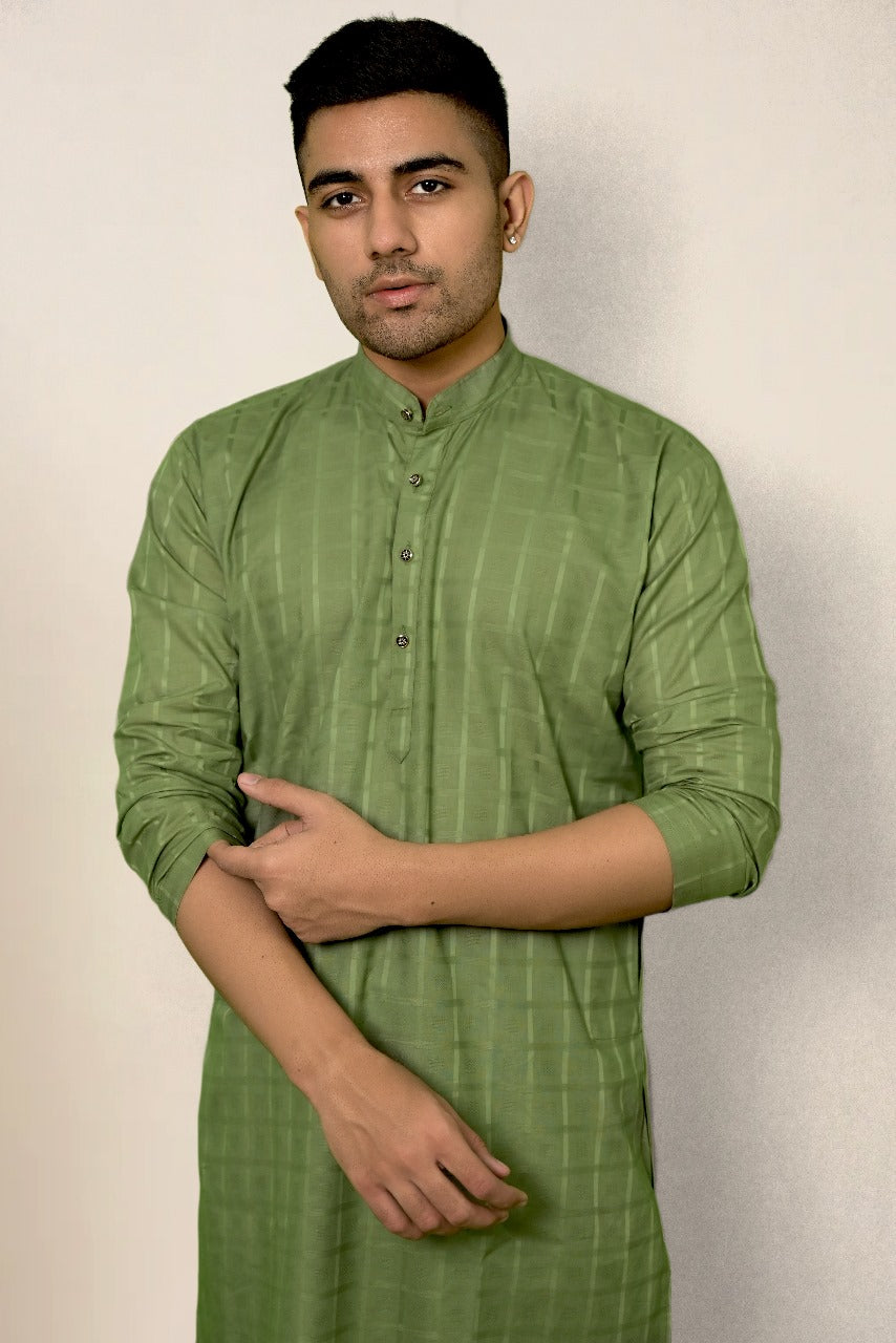 OLIVE SELF DESIGN KURTA